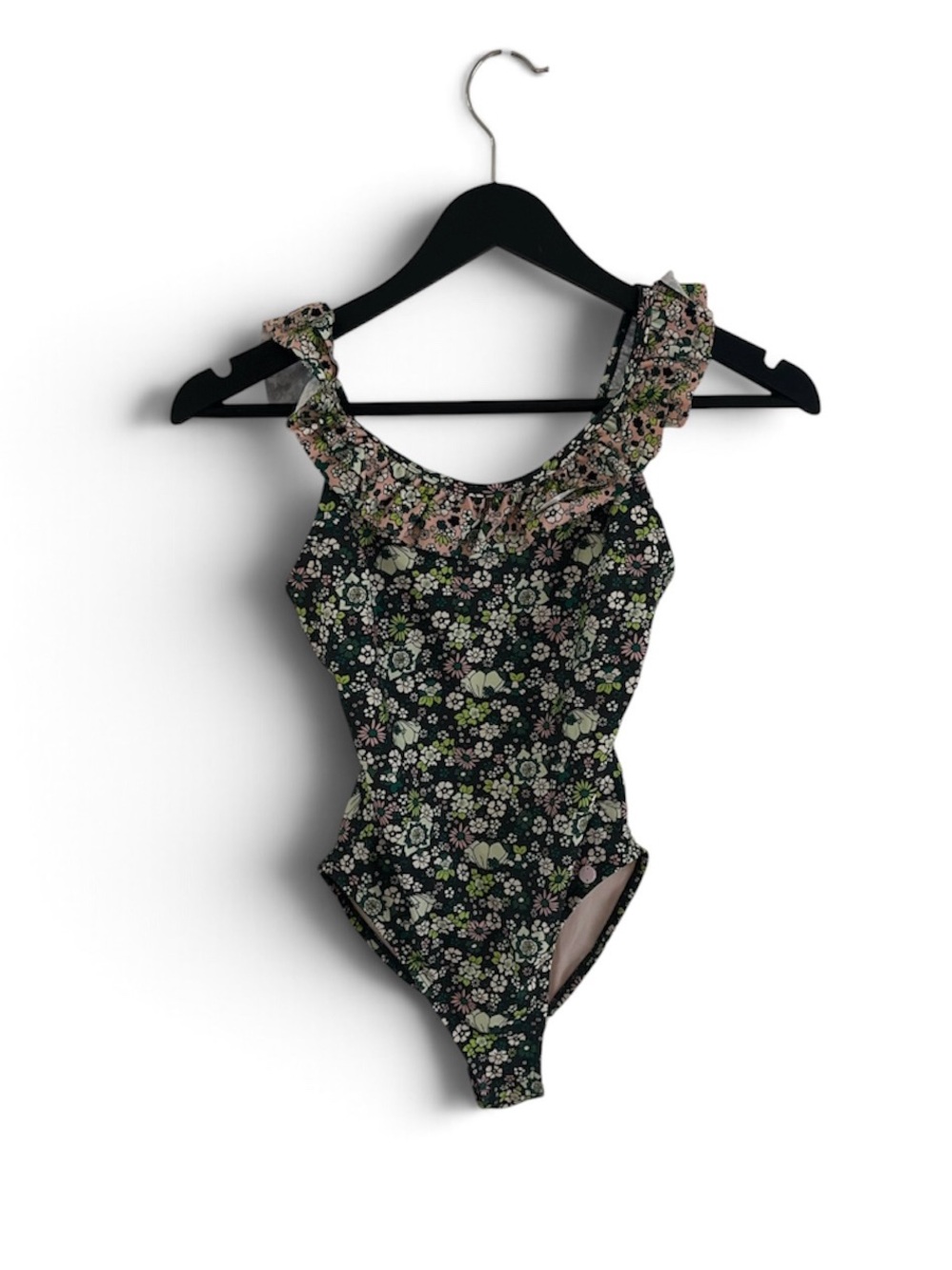 Scotch & Soda Black Floral Ruffle One-Piece with Pink and Green Details